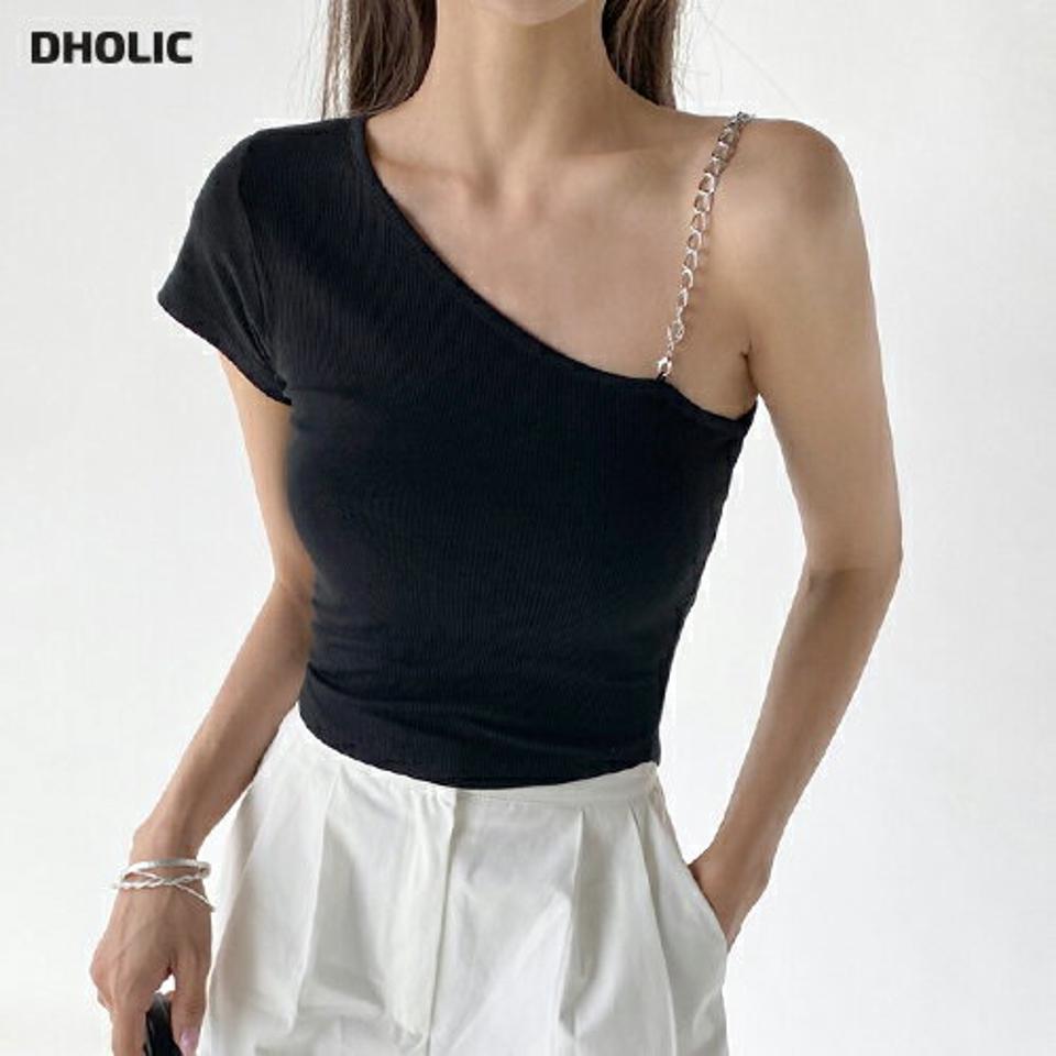 【10%OFF】チェーンストラップ付アシメTシャツ・t67466 レディース 【tops】トップス Tシャツ ワンショルダー 肩出し チェーン アシンメトリー アンバランス カジュアル 個性的 ユニーク シンプル 夏 韓国ファッション セール SALE
