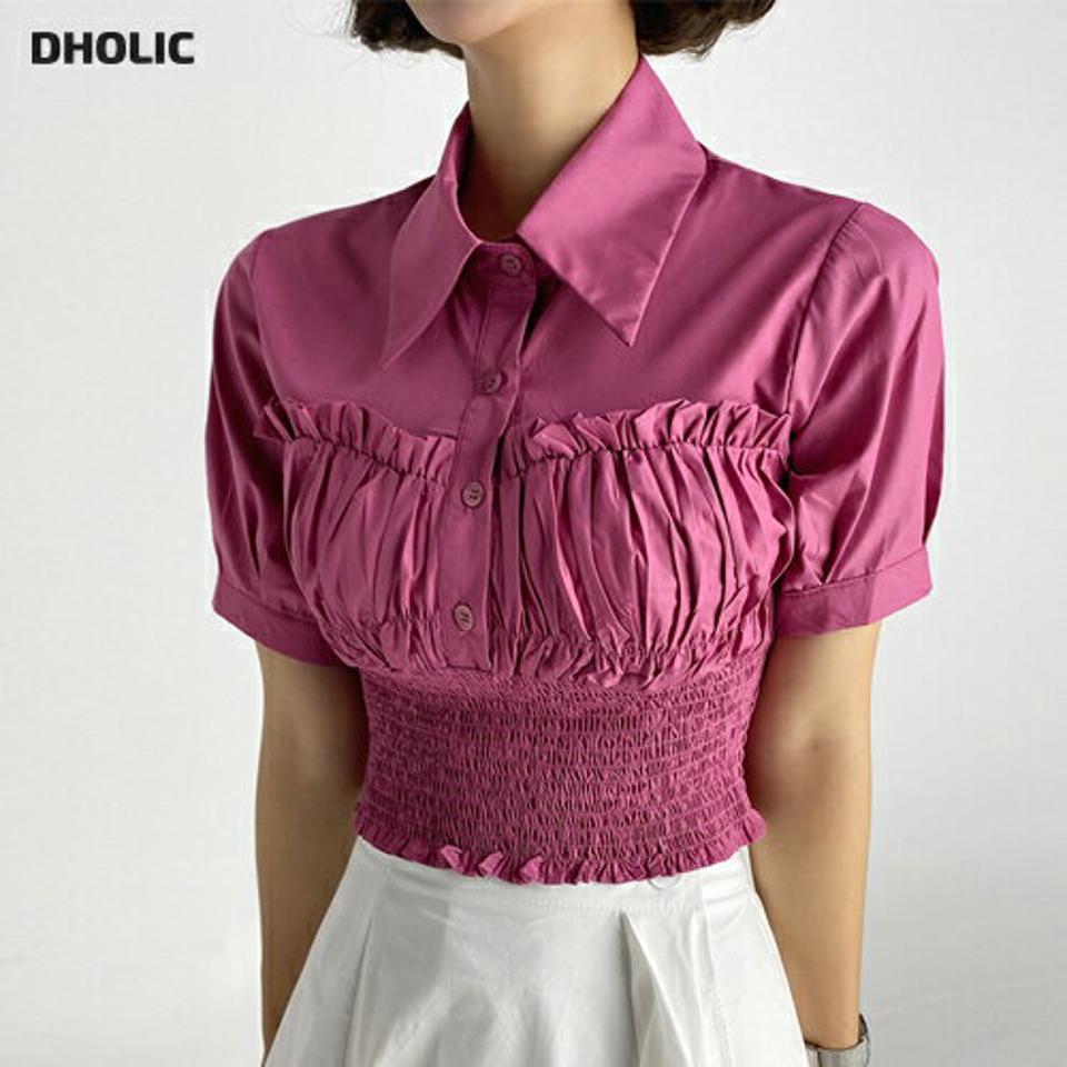 シャーリングフリルシャツ・t67451 レディース 【bl】トップス シャツ 半袖 襟 シャーリング ウエストマーク フリル 個性的 かわいい 可愛い ガーリー ピンク 切り替え 夏 韓国ファッション