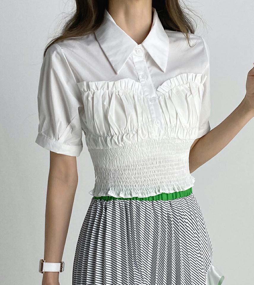 シャーリングフリルシャツ・t67451 レディース 【bl】トップス シャツ 半袖 襟 シャーリング ウエストマーク フリル 個性的 かわいい 可愛い ガーリー ピンク 切り替え 夏 韓国ファッション