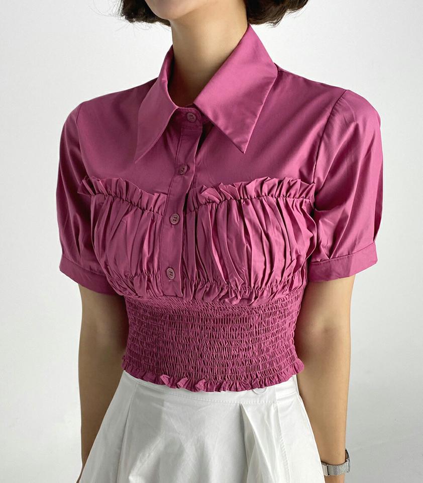 シャーリングフリルシャツ・t67451 レディース 【bl】トップス シャツ 半袖 襟 シャーリング ウエストマーク フリル 個性的 かわいい 可愛い ガーリー ピンク 切り替え 夏 韓国ファッション