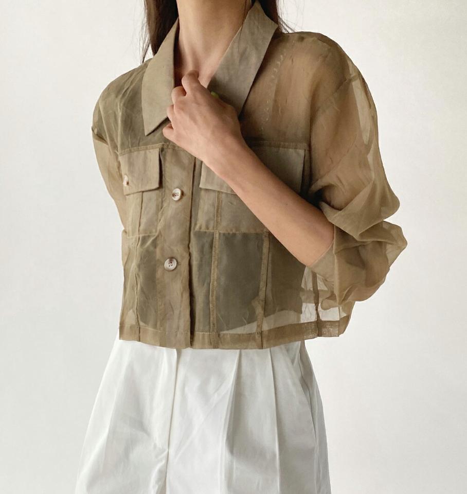 シアークロップドシャツ・b67457 レディース 【bl】トップス シャツ 長袖 透け感 シアー シースルー フェミニン 襟 クロップド丈 単色 シンプル カジュアル レイヤード ユニーク 大人 個性的 春 夏 韓国ファッション