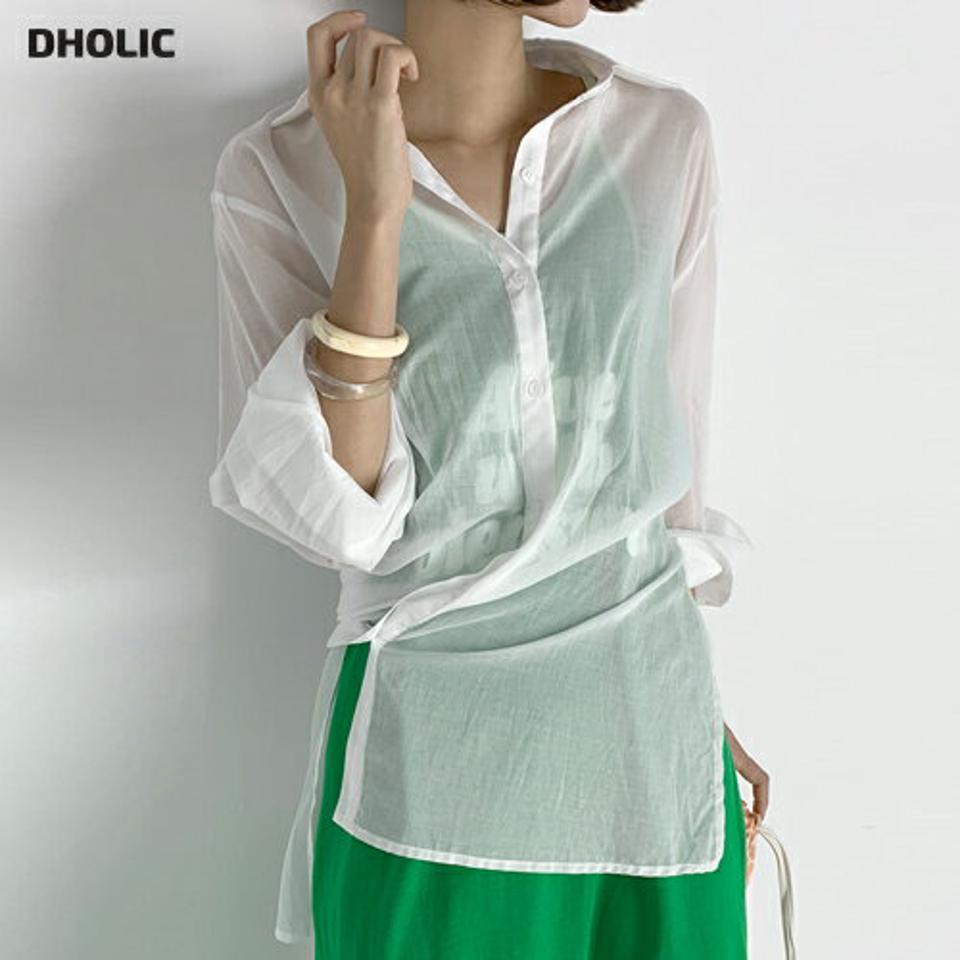 アンバランスヘムロングシャツ・t67456 レディース 【bl】トップス シャツ 長袖 襟 透け感 シアー シースルー アンバランス 単色 無地 シンプル 大人 きれいめ フェミニン 春 夏 韓国ファッション