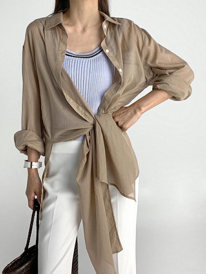 アンバランスヘムロングシャツ・t67456 レディース 【bl】トップス シャツ 長袖 襟 透け感 シアー シースルー アンバランス 単色 無地 シンプル 大人 きれいめ フェミニン 春 夏 韓国ファッション