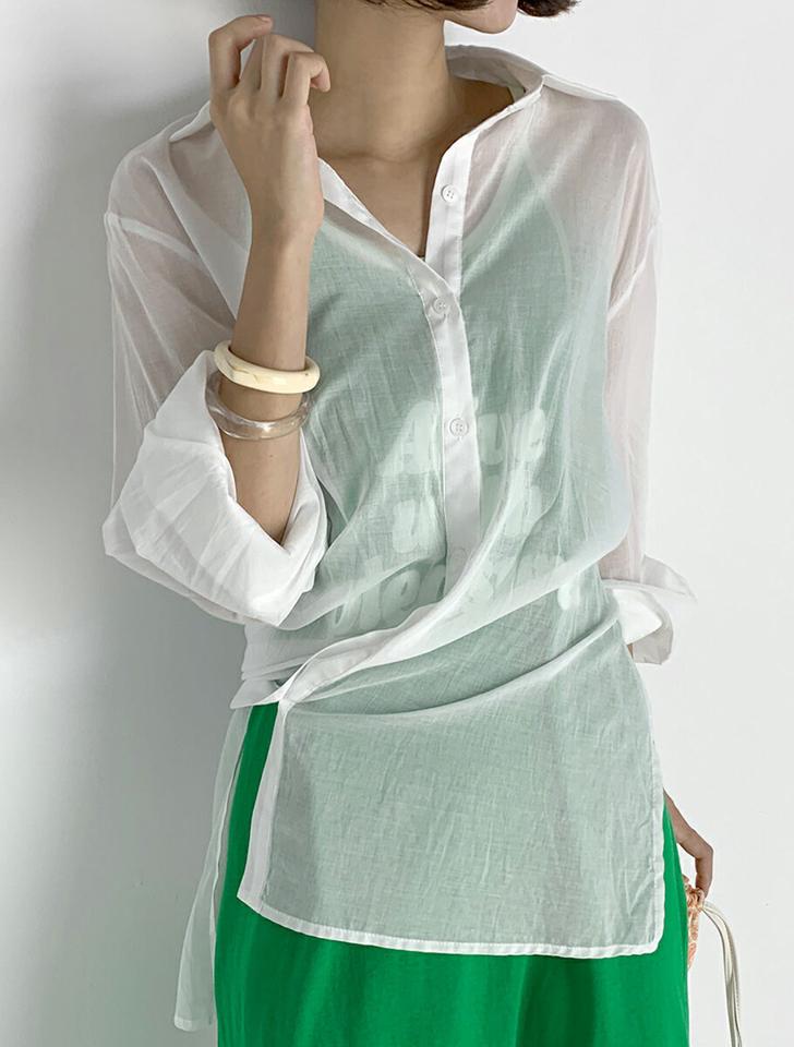 アンバランスヘムロングシャツ・t67456 レディース 【bl】トップス シャツ 長袖 襟 透け感 シアー シースルー アンバランス 単色 無地 シンプル 大人 きれいめ フェミニン 春 夏 韓国ファッション