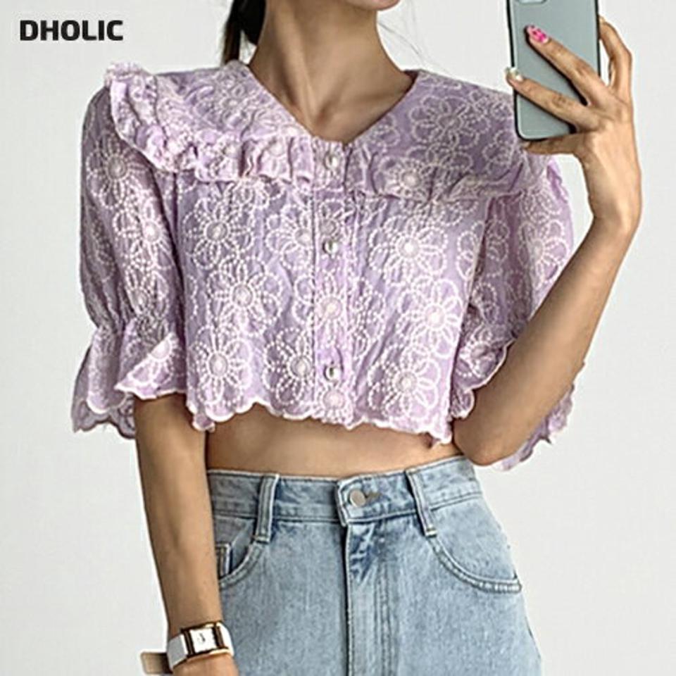 花柄刺繍フリルカラーブラウス・t67460 レディース 【bl】トップス ブラウス 半袖 ハーフスリーブ フリル 大きい襟 花柄 刺繍 かわいい 可愛い ガーリー へそ出し 紫 パープル 夏 韓国ファッション