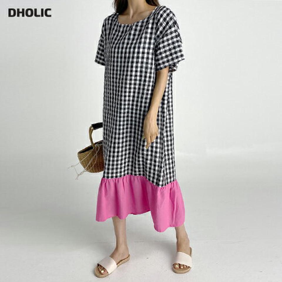 【10%OFF】配色ギンガムチェックワンピース・t67469 レディース 【ops】ワンピース ロング丈 半袖 ハーフスリーブ チェック柄 ギンガムチェック 配色 ラウンドネック かわいい 体型カバー カジュアル ピンク ラッフルヘム 夏 人気 韓国ファッション セール SALE