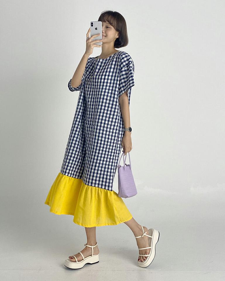 【10%OFF】配色ギンガムチェックワンピース・t67469 レディース 【ops】ワンピース ロング丈 半袖 ハーフスリーブ チェック柄 ギンガムチェック 配色 ラウンドネック かわいい 体型カバー カジュアル ピンク ラッフルヘム 夏 人気 韓国ファッション セール SALE