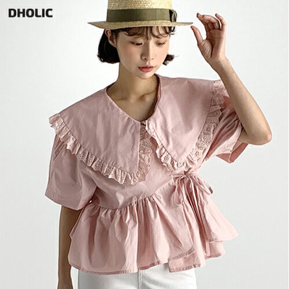 ビッグカラーペプラムブラウス・t67455 レディース 【bl】トップス ブラウス 半袖 ハーフスリーブ 大きい襟 襟コン ガーリー かわいい 可愛い ペプラムトップス お腹カバー 二の腕カバー アイレットレース ピンク 夏 韓国ファッション