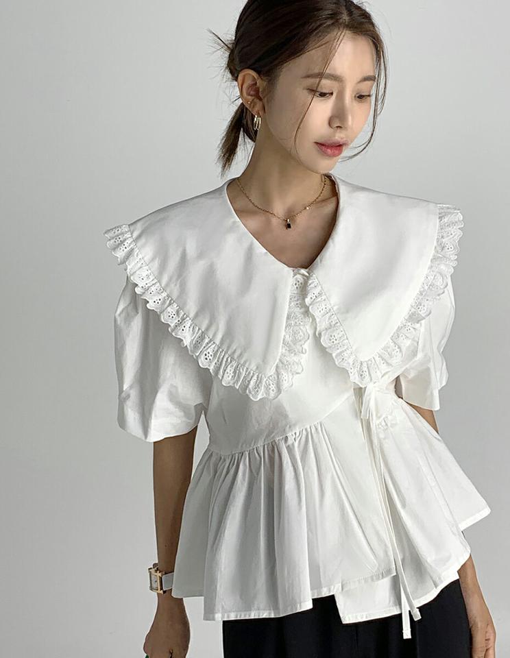 ビッグカラーペプラムブラウス・t67455 レディース 【bl】トップス ブラウス 半袖 ハーフスリーブ 大きい襟 襟コン ガーリー かわいい 可愛い ペプラムトップス お腹カバー 二の腕カバー アイレットレース ピンク 夏 韓国ファッション