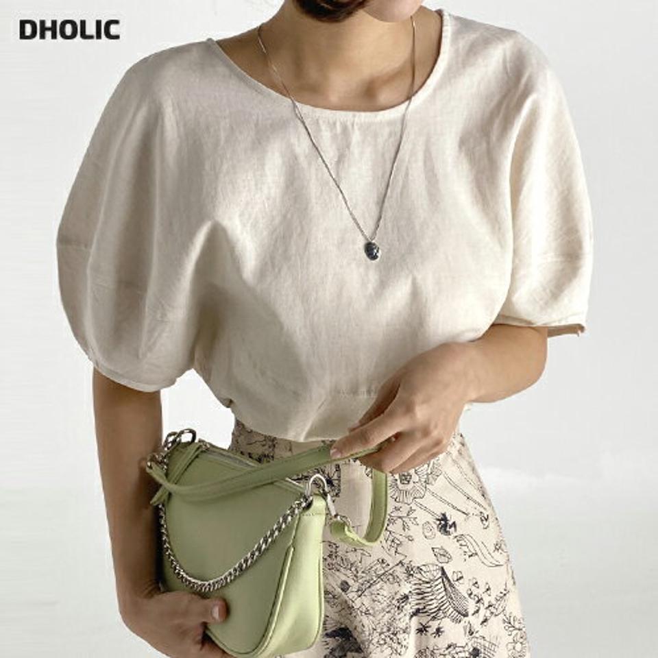 リネン混フレアブラウス・b67462 レディース 【bl】トップス ブラウス 半袖 ハーフスリーブ ラウンドネック パフスリーブ 二の腕カバー リネン 単色 無地 シンプル フェミニン 大人 ドルマンスリーブ きれいめ ナチュラル 夏 韓国ファッション