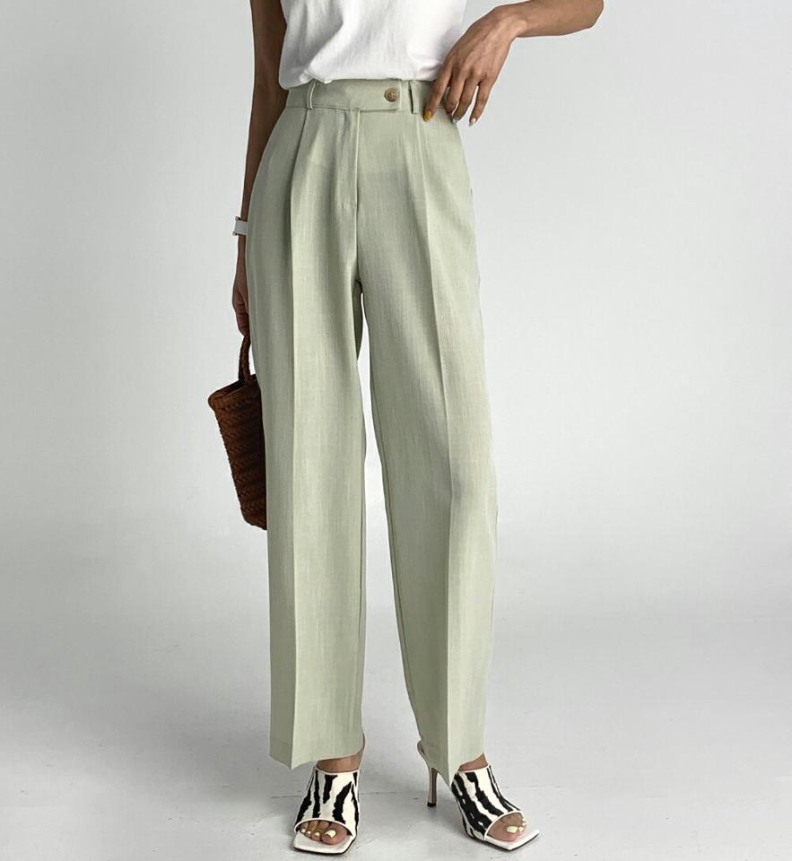 ワンタックストレートスラックス・t67437 レディース 【pt】パンツ ズボン スラックス ロングパンツ ストレート タック 単色 無地 シンプル ベーシック 大人 きれいめ ハイウエスト ベルトループ 黄緑 春 夏 韓国ファッション