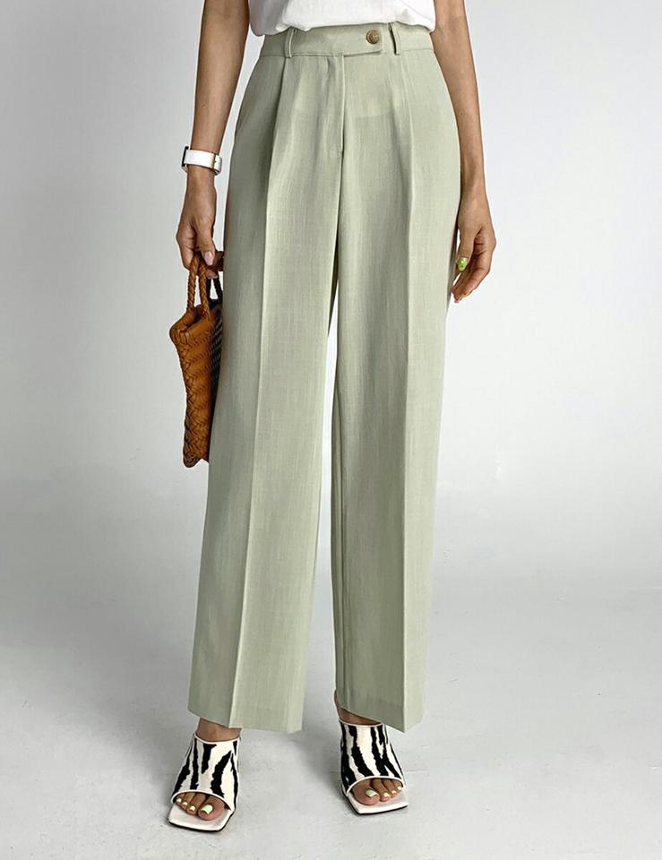 ワンタックストレートスラックス・t67437 レディース 【pt】パンツ ズボン スラックス ロングパンツ ストレート タック 単色 無地 シンプル ベーシック 大人 きれいめ ハイウエスト ベルトループ 黄緑 春 夏 韓国ファッション