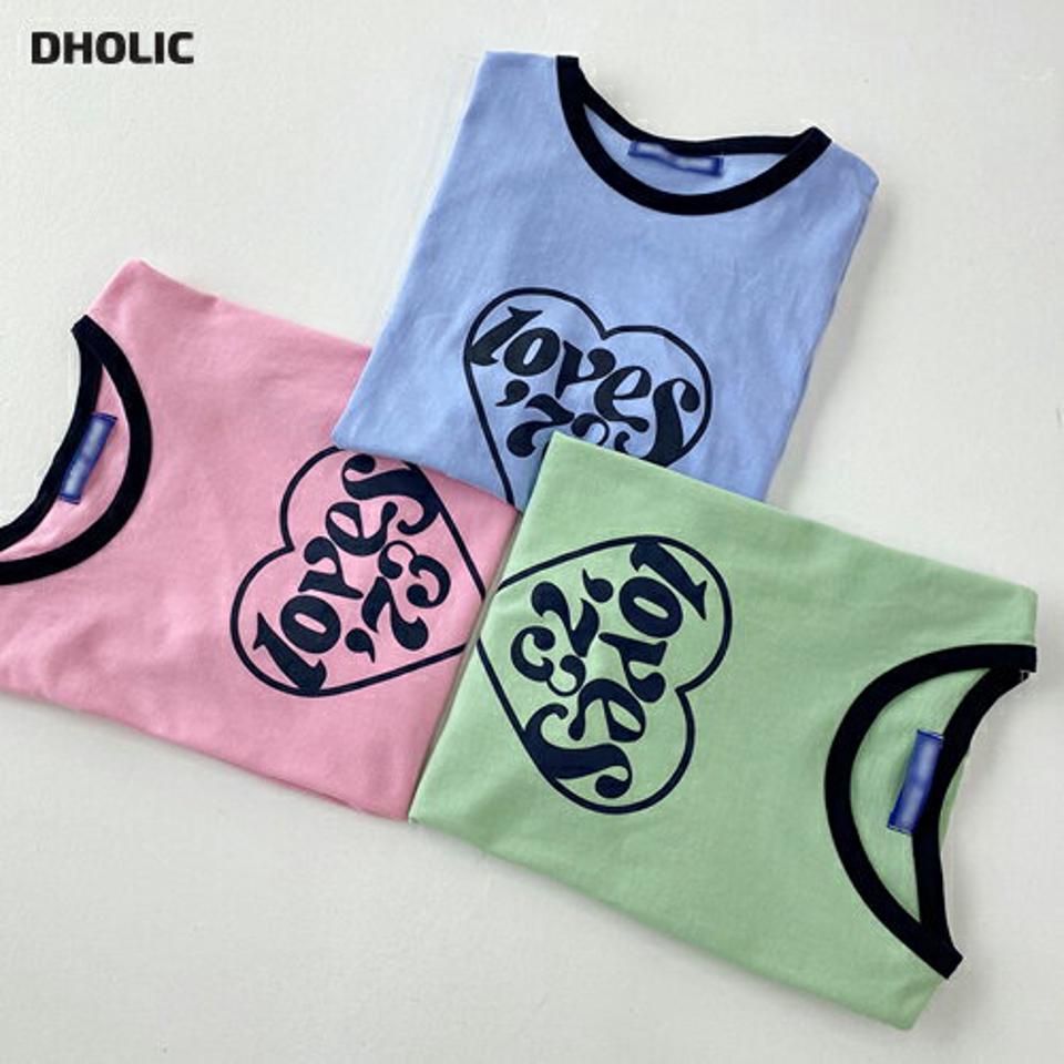 配色ハートプリントTシャツ・t67447 レディース 【tops】トップス Tシャツ 半袖 リンガーTシャツ ハート ロゴ レタリング 配色 カジュアル レトロ ポップ プリント ラウンドネック 青 緑 ピンク 夏 韓国ファッション