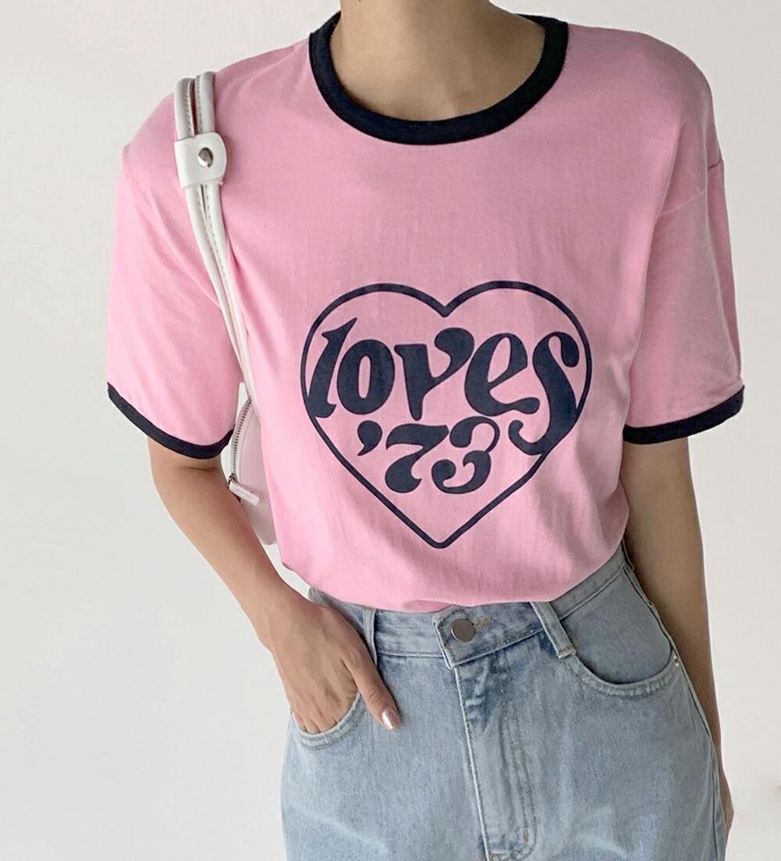 配色ハートプリントTシャツ・t67447 レディース 【tops】トップス Tシャツ 半袖 リンガーTシャツ ハート ロゴ レタリング 配色 カジュアル レトロ ポップ プリント ラウンドネック 青 緑 ピンク 夏 韓国ファッション