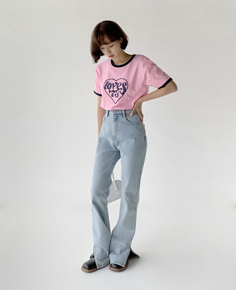 配色ハートプリントTシャツ・t67447 レディース 【tops】トップス Tシャツ 半袖 リンガーTシャツ ハート ロゴ レタリング 配色 カジュアル レトロ ポップ プリント ラウンドネック 青 緑 ピンク 夏 韓国ファッション