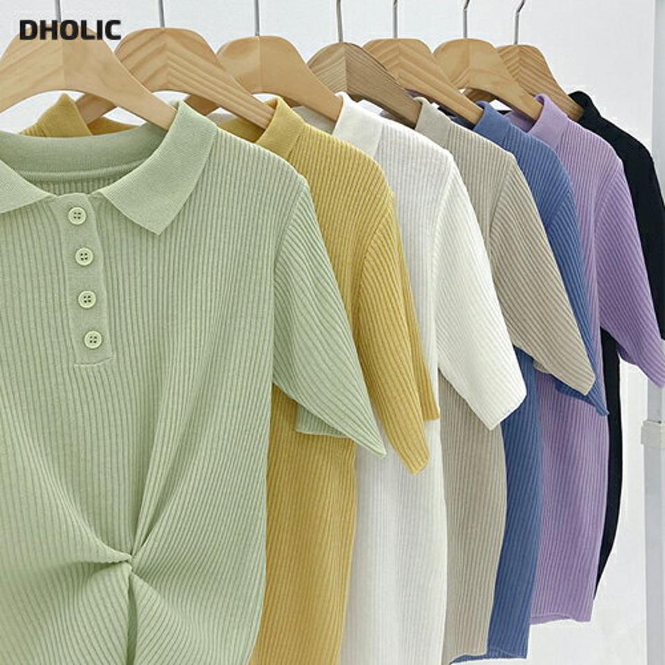 【10%OFF】リブスリムポロカラーニット・t02971 レディース 【tops】トップス ニット ポロ襟 リブ 半袖 スリム タイト 単色 無地 シンプル ベーシック 青 黄緑 黄色 カジュアル 大人 夏 韓国ファッション セール SALE