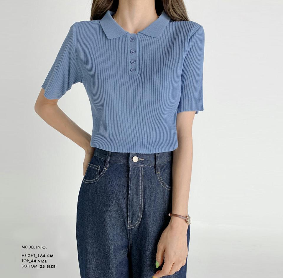 【10%OFF】リブスリムポロカラーニット・t02971 レディース 【tops】トップス ニット ポロ襟 リブ 半袖 スリム タイト 単色 無地 シンプル ベーシック 青 黄緑 黄色 カジュアル 大人 夏 韓国ファッション セール SALE
