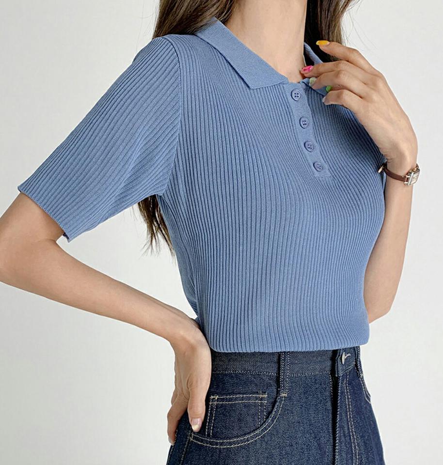 【10%OFF】リブスリムポロカラーニット・t02971 レディース 【tops】トップス ニット ポロ襟 リブ 半袖 スリム タイト 単色 無地 シンプル ベーシック 青 黄緑 黄色 カジュアル 大人 夏 韓国ファッション セール SALE