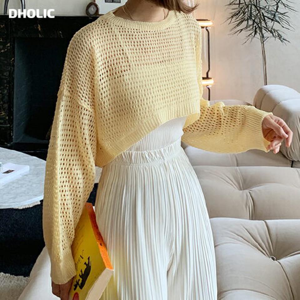サークルパンチングクロップドニット・t66990 レディース 【tops】トップス ニット 長袖 パンチング 透け感 シースルー 単色 無地 ラウンドネック カジュアル レイヤード ラフ ドロップショルダー サマーニット 黄色 春 夏 韓国ファッション