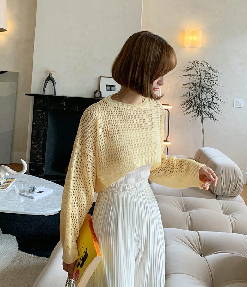 サークルパンチングクロップドニット・t66990 レディース 【tops】トップス ニット 長袖 パンチング 透け感 シースルー 単色 無地 ラウンドネック カジュアル レイヤード ラフ ドロップショルダー サマーニット 黄色 春 夏 韓国ファッション