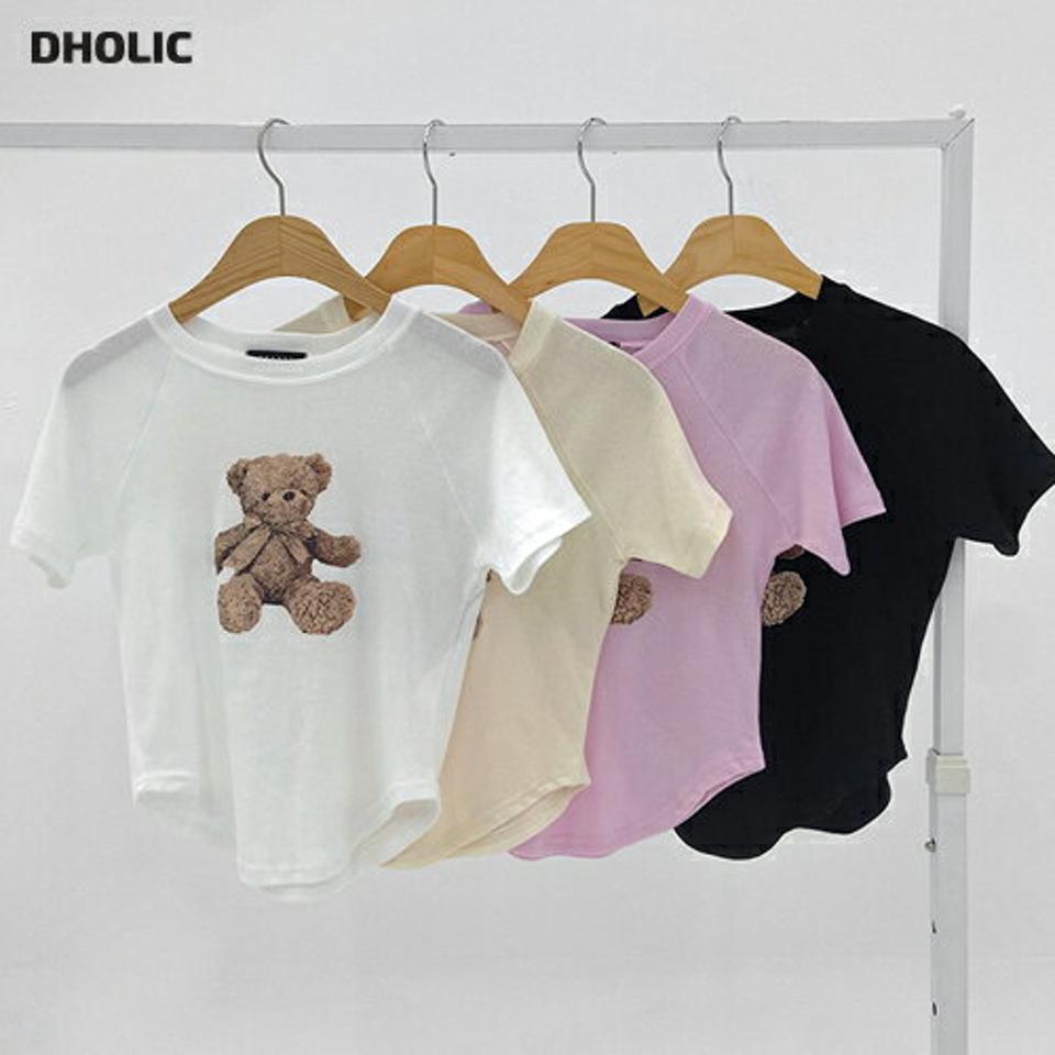 テディベアラグランTシャツ・t02956 レディース 【tops】トップス　Tシャツ プリント クマ くま ラグランスリーブ テディベア かわいい 可愛い ガーリー ラウンドネック ピンク 黄色 夏 韓国ファッション