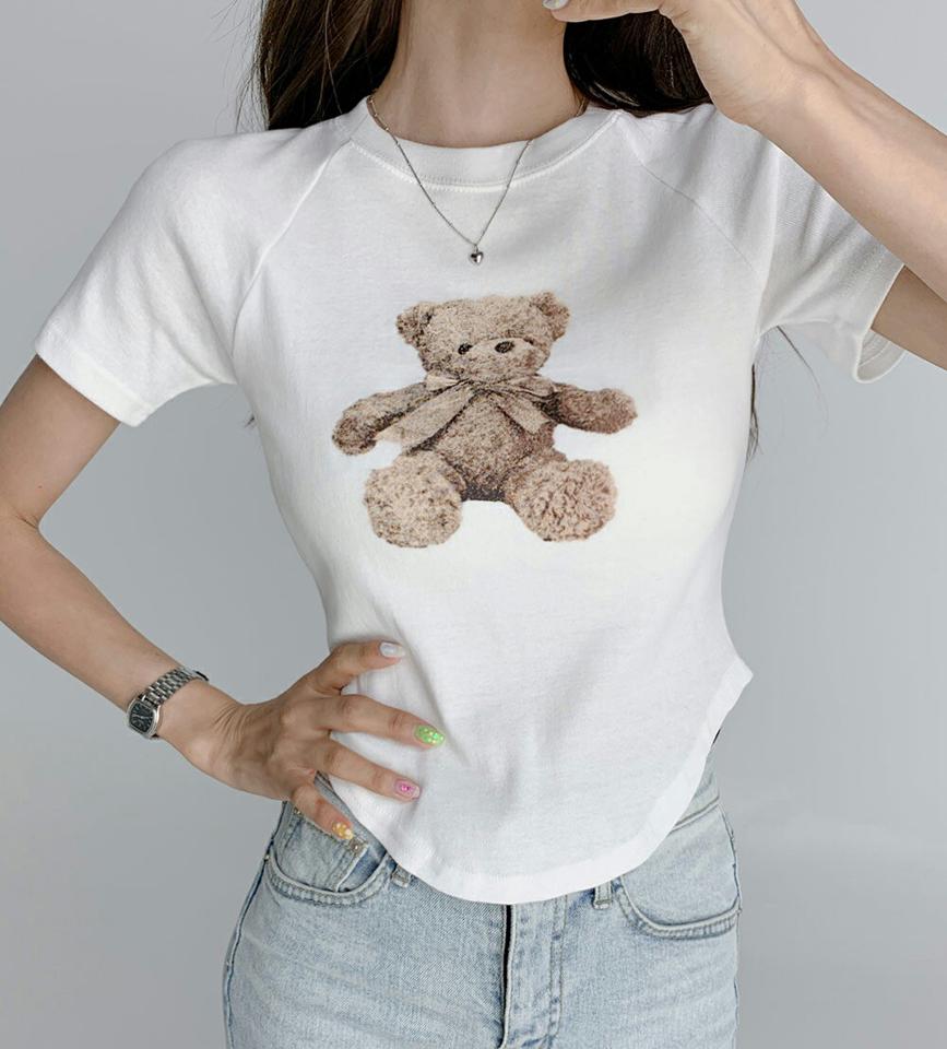 テディベアラグランTシャツ・t02956 レディース 【tops】トップス　Tシャツ プリント クマ くま ラグランスリーブ テディベア かわいい 可愛い ガーリー ラウンドネック ピンク 黄色 夏 韓国ファッション