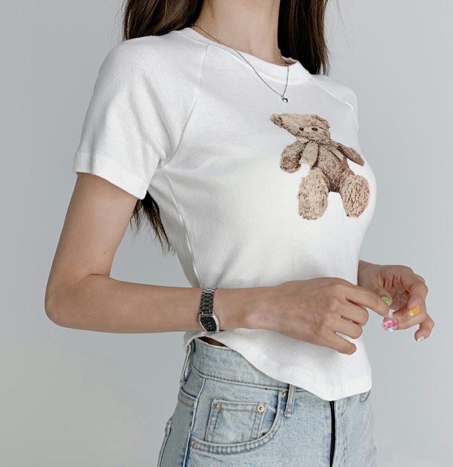 テディベアラグランTシャツ・t02956 レディース 【tops】トップス　Tシャツ プリント クマ くま ラグランスリーブ テディベア かわいい 可愛い ガーリー ラウンドネック ピンク 黄色 夏 韓国ファッション