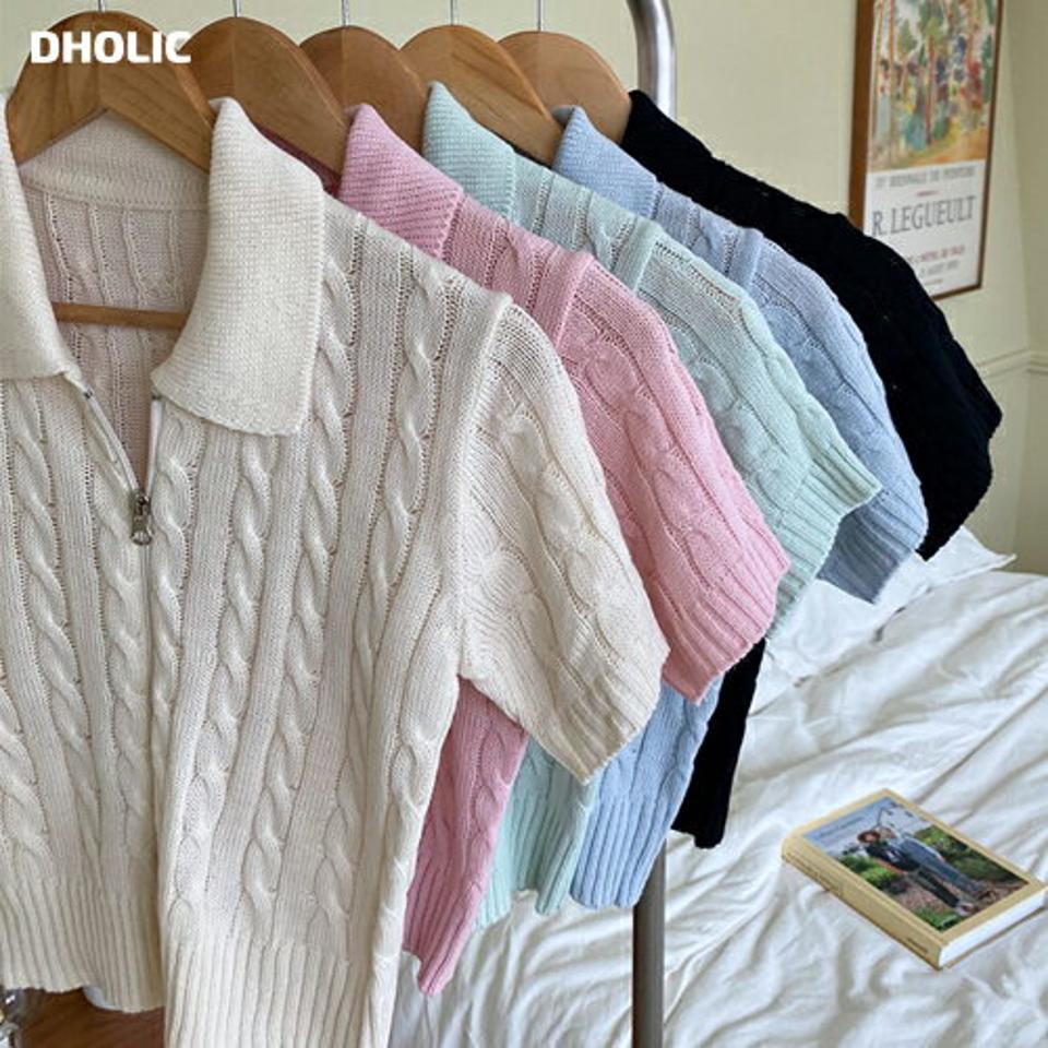 【10%OFF】ダブルジップケーブルカラーニット・t68182 レディース 【tops】トップス ニット 半袖 ケーブルニット 編み ポロ襟 ジップアップ ピンク 水色 シンプル 大人 カジュアル クロップド丈 パステル 夏 サマーニット 韓国ファッション セール SALE