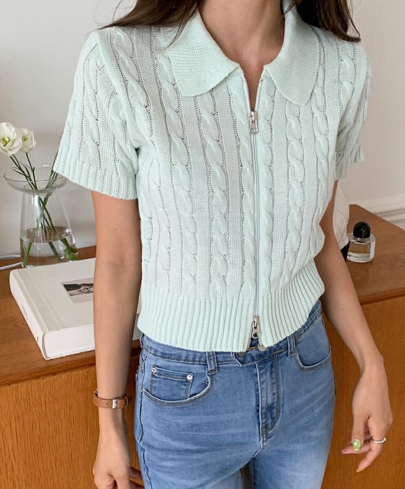 【10%OFF】ダブルジップケーブルカラーニット・t68182 レディース 【tops】トップス ニット 半袖 ケーブルニット 編み ポロ襟 ジップアップ ピンク 水色 シンプル 大人 カジュアル クロップド丈 パステル 夏 サマーニット 韓国ファッション セール SALE