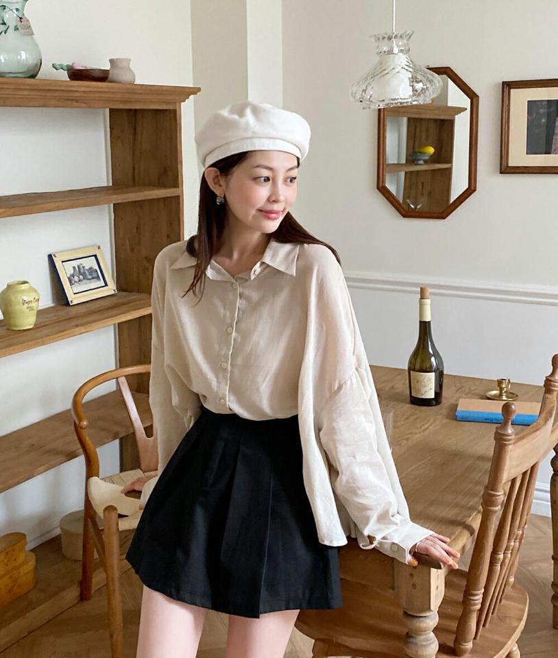 フレアシアーシャツ・t68188 レディース 【bl】トップス シャツ 長袖 フレア 透け感 シアー フェミニン 軽やか ドロップショルダー 単色 無地 かわいい ユニーク ゆったり 体型カバー お腹カバー 春 秋 韓国ファッション