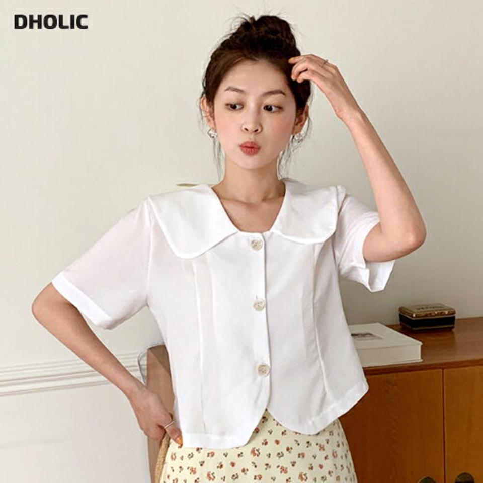 ラウンドビッグカラーブラウス・t68200 レディース 【bl】トップス ブラウス 半袖 ハーフスリーブ 大きい襟 かわいい 可愛い ガーリー 単色 無地 シンプル 襟コン 白 ホワイト 丸襟 夏 韓国ファッション