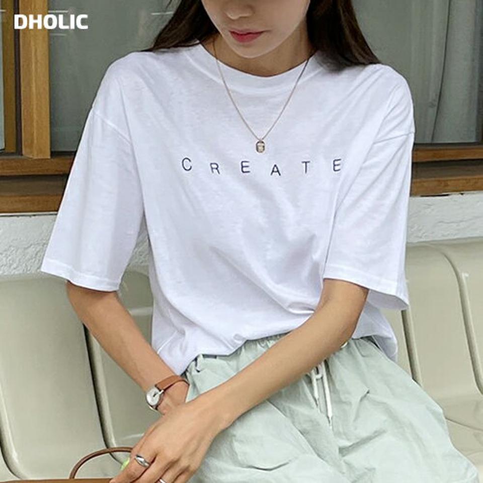 CREATEロゴTシャツ・t68179 レディース 【tops】トップス Tシャツ 半袖 ロゴ レタリング ラウンドネック ロゴT シンプル カジュアル ラフ ドロップショルダー 夏 韓国ファッション