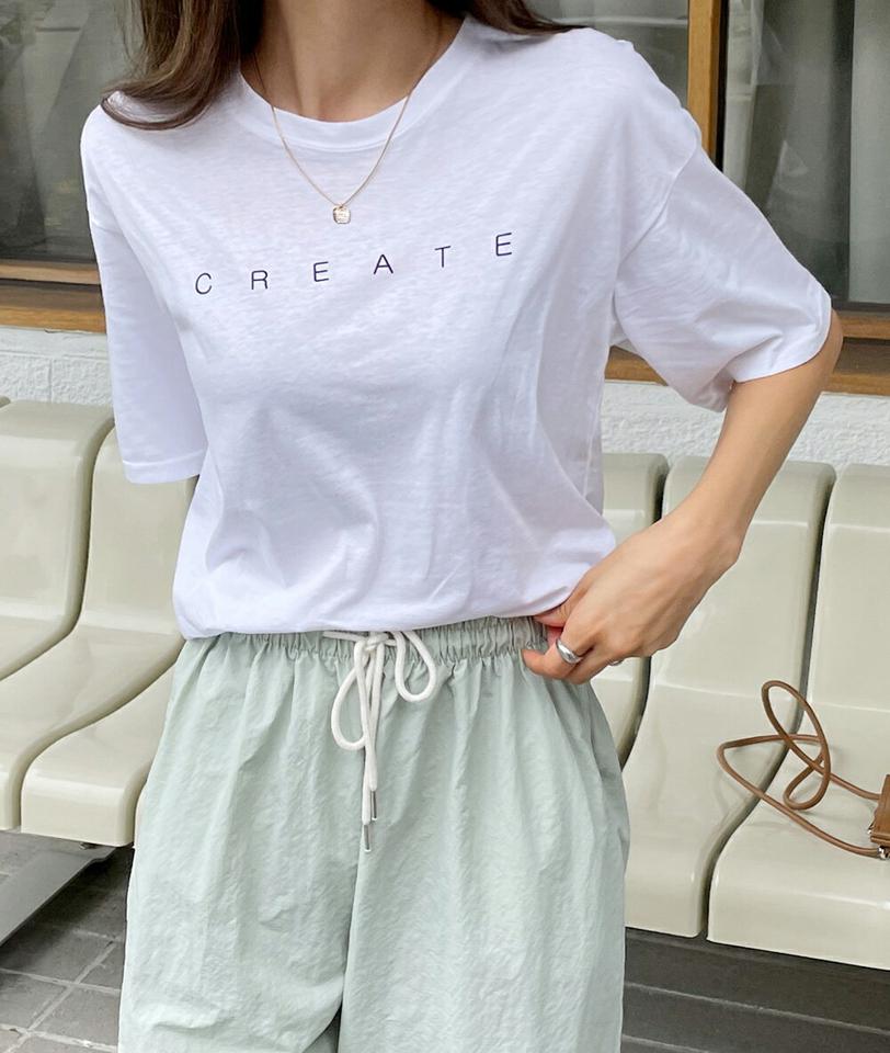 CREATEロゴTシャツ・t68179 レディース 【tops】トップス Tシャツ 半袖 ロゴ レタリング ラウンドネック ロゴT シンプル カジュアル ラフ ドロップショルダー 夏 韓国ファッション