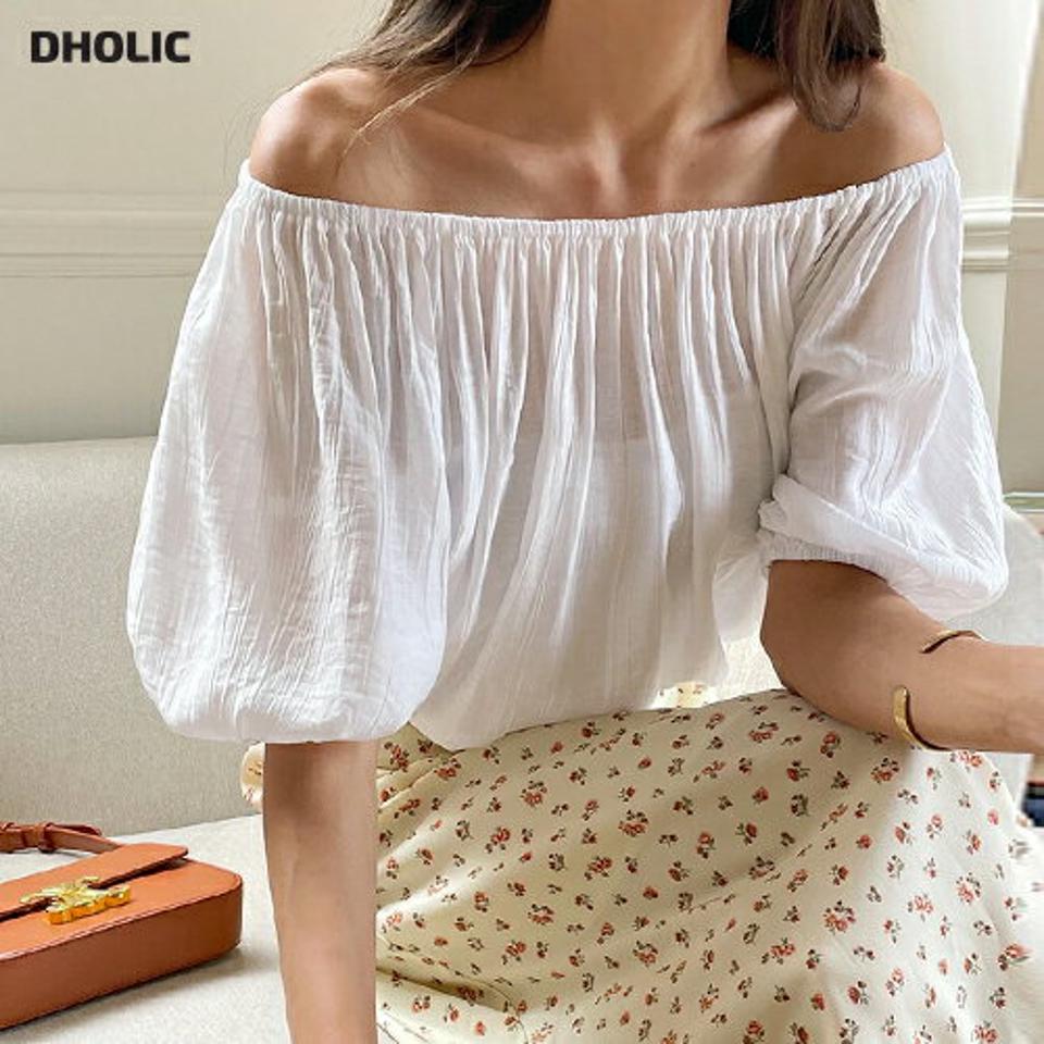 【10%OFF】2WAYリンクルパフブラウス・t68202 レディース 【bl】トップス ブラウス 半袖 ハーフスリーブ パフスリーブ オフショルダー 肩出し リンクル 単色 無地 フェミニン 白ブラウス かわいい 夏 韓国ファッション セール SALE