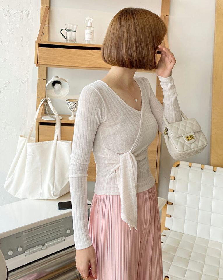 リブラップTシャツ・t66984 レディース 【tops】トップス Tシャツ 長袖 リブ ラップデザイン 単色 無地 シンプル スリム タイト カジュアル デコルテ 春 秋 韓国ファッション