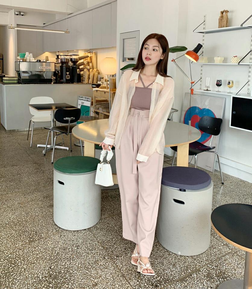 バックリボンスリットシアーシャツ・t67017 レディース 【bl】トップス シャツ 長袖 透け感 シースルー シアー りぼん スリット 単色 襟 無地 きれいめ 大人 上品 ベージュ 春 夏 韓国ファッション