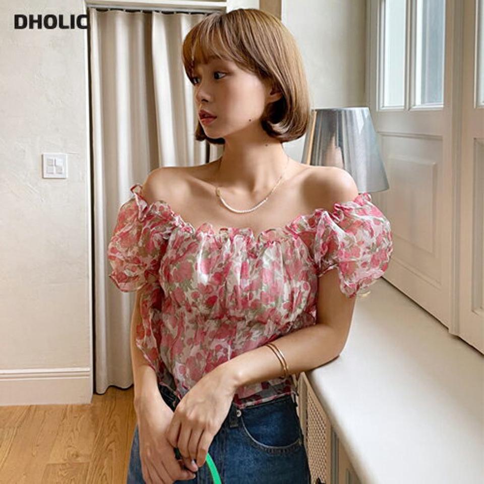 【10%OFF】2WAY花柄シフォンペプラムブラウス・t67015 レディース 【bl】トップス ブラウス 半袖 パフスリーブ 透け感 シアー シースルー シフォン ペプラム 花柄 ガーリー フェミニン かわいい オフショルダー 肩出し 赤 レッド 夏 韓国ファッション セール SALE