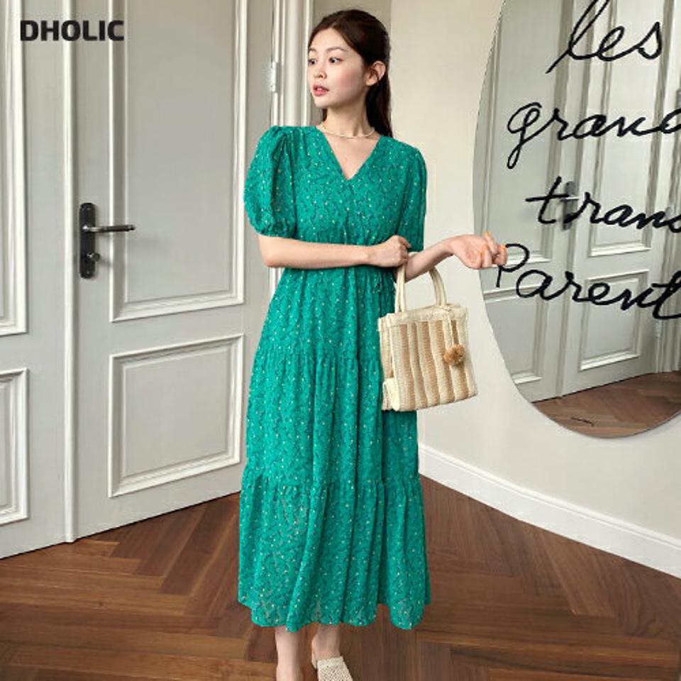 ストリング付小花柄カシュクールワンピース・b66994 レディース 【ops】ワンピース ロング丈 ロングワンピース 半袖 ハーフスリーブ 花柄 カシュクール 緑 きれいめ 大人 フェミニン フレア ティアード 夏 韓国ファッション