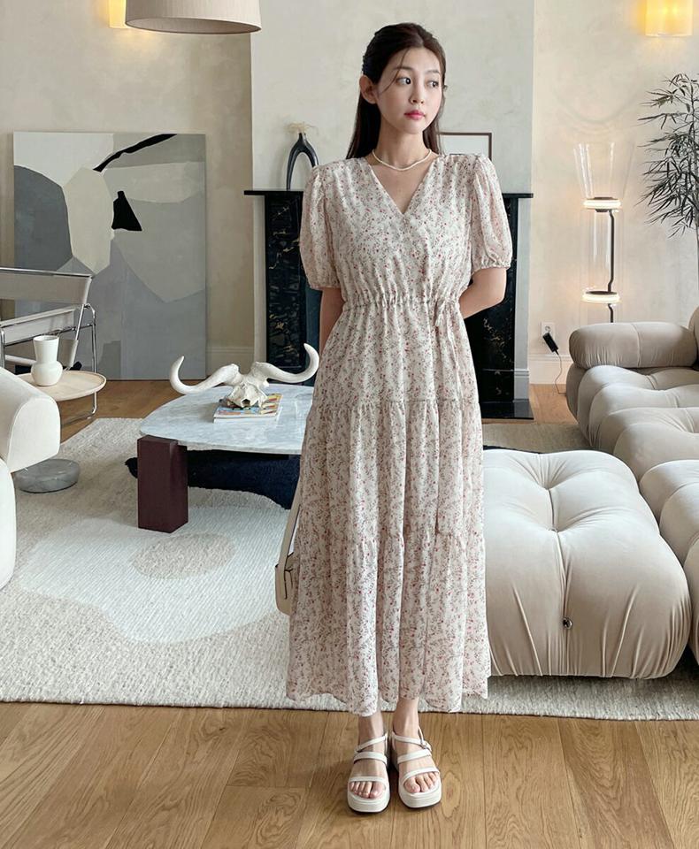ストリング付小花柄カシュクールワンピース・b66994 レディース 【ops】ワンピース ロング丈 ロングワンピース 半袖 ハーフスリーブ 花柄 カシュクール 緑 きれいめ 大人 フェミニン フレア ティアード 夏 韓国ファッション