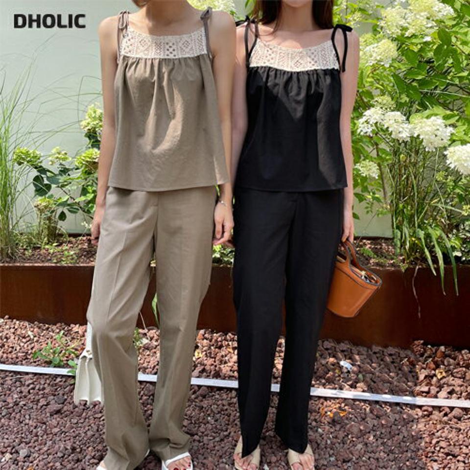 レース配色キャミソール&ストレートスラックスSET・t67001 レディース 【pt】セットアップ setup トップス キャミソール スリーブレス ノースリーブ レース パンツ ズボン スラックス ストレート 単色 無地 シンプル 夏 韓国ファッション