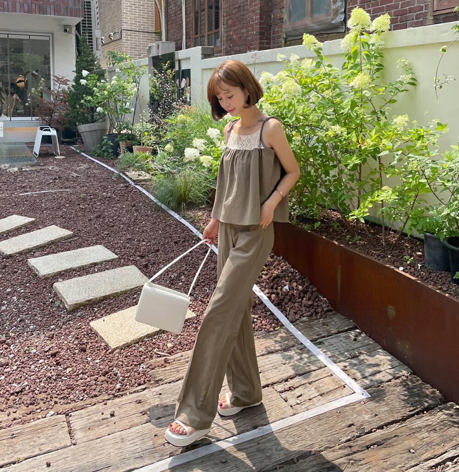 レース配色キャミソール&ストレートスラックスSET・t67001 レディース 【pt】セットアップ setup トップス キャミソール スリーブレス ノースリーブ レース パンツ ズボン スラックス ストレート 単色 無地 シンプル 夏 韓国ファッション