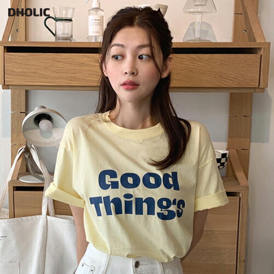 Good ThingsレタリングTシャツ・t66983 レディース 【tops】トップス Tシャツ 半袖 ロゴ レタリング ラウンドネック シンプル カジュアル ラフ 黄色 大人 夏 韓国ファッション