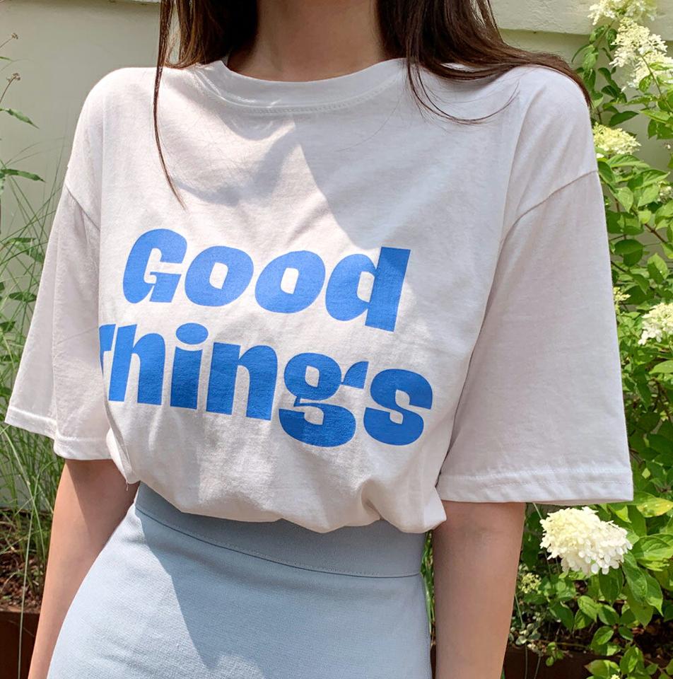 Good ThingsレタリングTシャツ・t66983 レディース 【tops】トップス Tシャツ 半袖 ロゴ レタリング ラウンドネック シンプル カジュアル ラフ 黄色 大人 夏 韓国ファッション