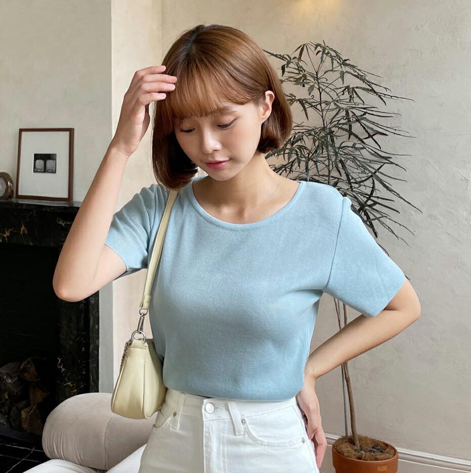 ラウンドショートスリーブニット・t66988 レディース 【tops】トップス ニット 半袖 ラウンドネック ショートスリーブ 単色 無地 シンプル ベーシック 大人 カジュアル きれいめ 夏 韓国ファッション