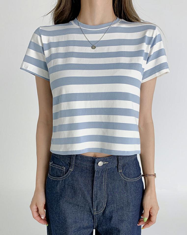 【10%OFF】クロップドボーダー半袖Tシャツ・t02946 レディース 【tops】トップス Tシャツ 半袖 ボーダー柄 ラウンドネック シンプル カジュアル ラフ クロップド丈 ピンク 青 ベージュ 夏 韓国ファッション 半Tセール