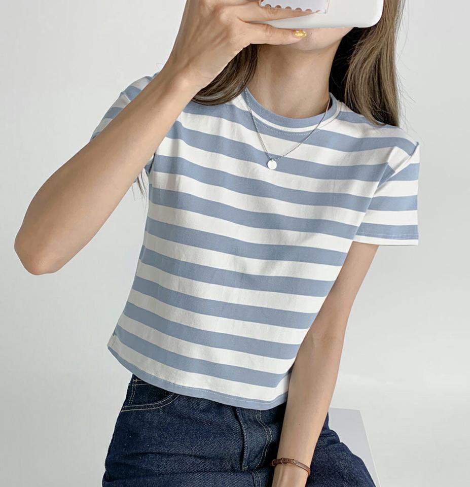 【10%OFF】クロップドボーダー半袖Tシャツ・t02946 レディース 【tops】トップス Tシャツ 半袖 ボーダー柄 ラウンドネック シンプル カジュアル ラフ クロップド丈 ピンク 青 ベージュ 夏 韓国ファッション 半Tセール