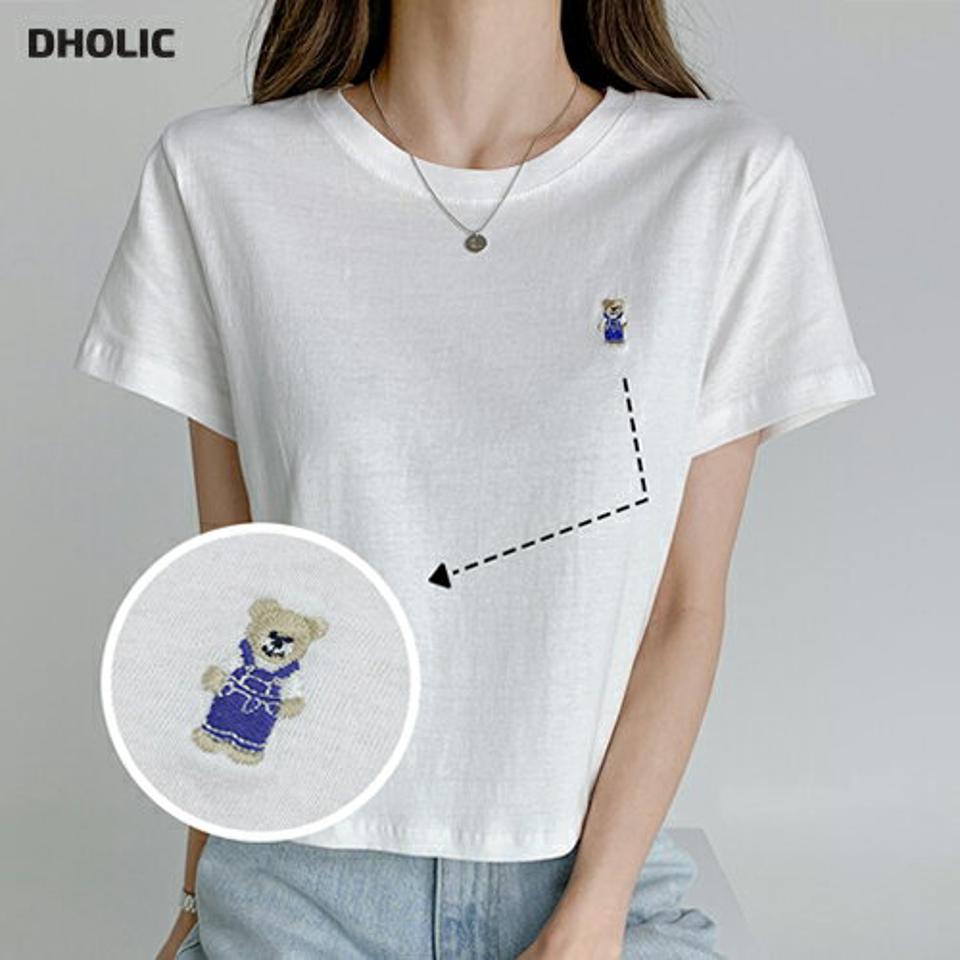 【10%OFF】ベア刺繍Tシャツ・t02942 レディース 【tops】トップス Tシャツ 半袖 シンプル ワンポイント 刺繍 くま クマ かわいい 可愛い ラウンドネック カジュアル ラフ コットン 綿 春 夏 韓国ファッション セール SALE
