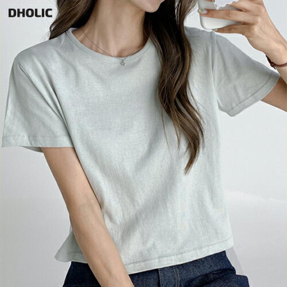 クロップド半袖Tシャツ・t02940 レディース 【tops】トップス Tシャツ 半袖 ラウンドネック 単色 無地 シンプル ベーシック 無地T クロップド丈 ラフ カジュアル 水色 夏 韓国ファッション