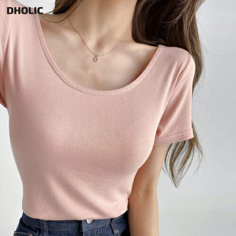 Uネック半袖Tシャツ・t02939 レディース 【tops】トップス Tシャツ 半袖 Uネック デコルテ 単色 無地 シンプル ベーシック カジュアル 大人 ピンク 夏 韓国ファッション