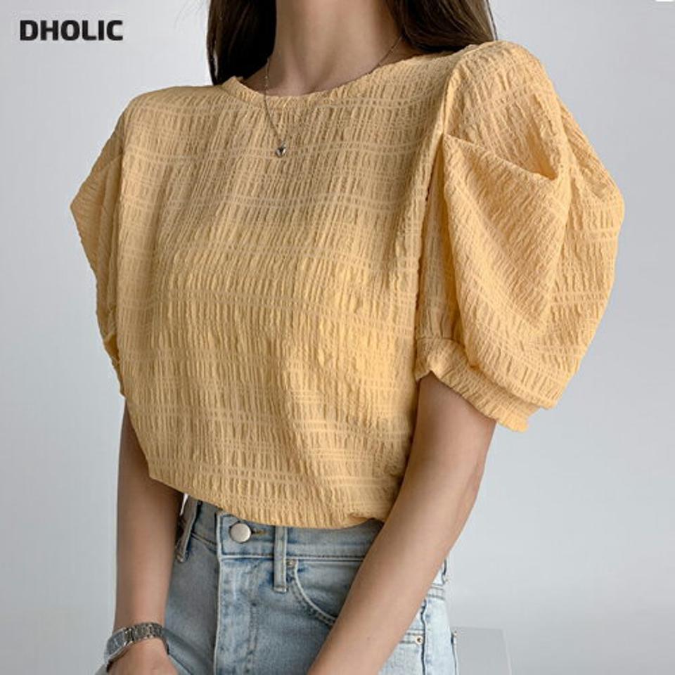 パフリンクルブラウス・t02961 レディース 【bl】トップス ブラウス 半袖 パフスリーブ リンクル 単色 シンプル カジュアル 二の腕カバー かわいい 大人 ラウンドネック パフスリーブ クロップド丈 夏 韓国ファッション